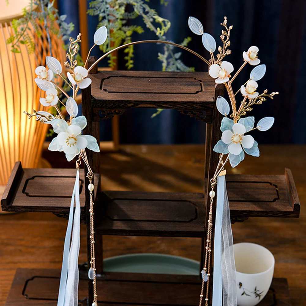 Blue Floral Hairband Chinese Wedding Hair Accessories Long Tassel With Ribbon Hair Hoop Fairy Hanfu Headbands Prom Hair JewelryX240913