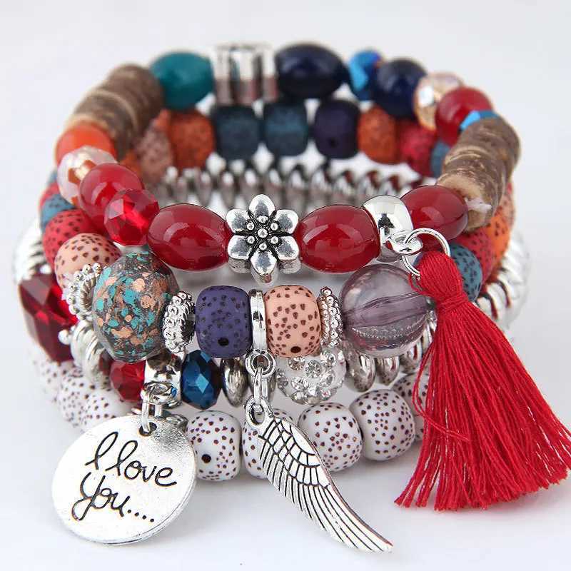 DIEZI Bohemian Multi Color Pink Crystal Bead Bracelet Womens Elastic Tassel Wing Letter Rope Bracelet Pulseira Feminina W240913