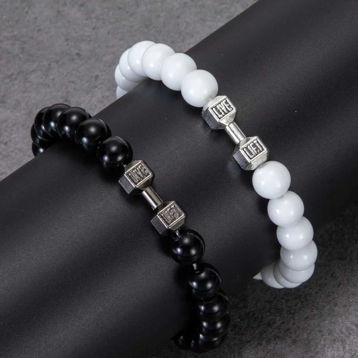 2 pieces/set of natural stone dumbbell bead bracelets black bead fitness bracelets suitable for daily life prayer bracelets mens jewelry bracelets W24