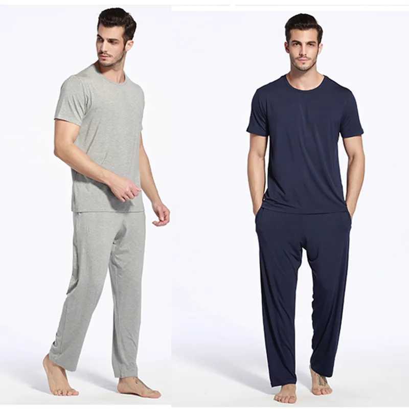 Bamboo Fiber Mens Lounge Wear Comfort Soft Sleepwear For Sleeping Short Sleeve Tshirt Top Male Trouser With Pocket Pajamas Sets Y240913