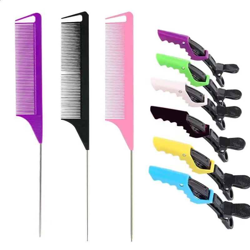 9PCS Alligator Clips and Steel Pins Pointed Tail Picking Comb Heatresistant Antistatic Supplies Professional Hairdressing 240911