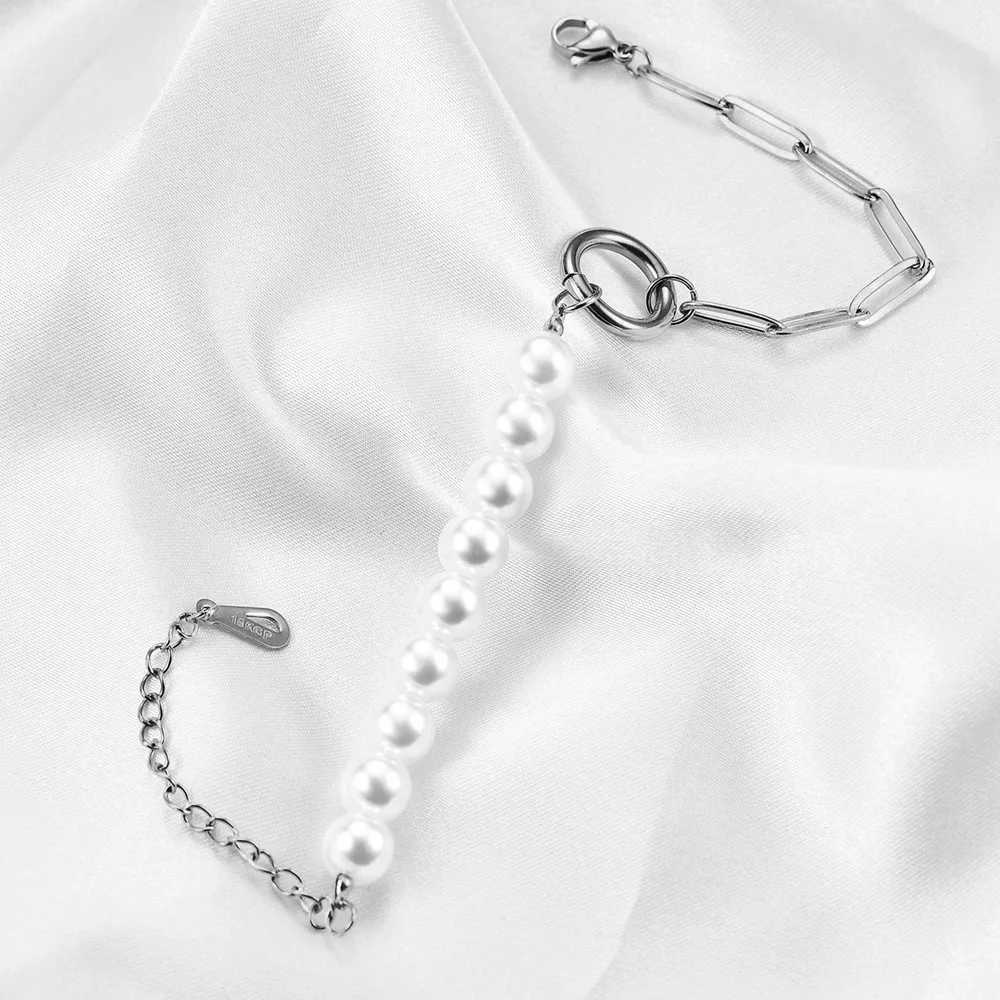 HNSP Stainless Steel Imitation Pearl Bracelet For Women Vintage Design Stitching Hand Chain Jewelry AccessoriesX240913