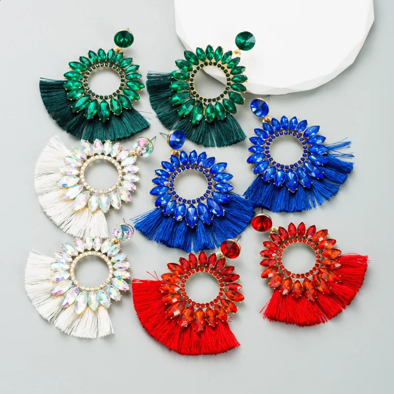 Red crystal tassel pendant earrings womens jewelry ethnic alloy blue and white rhinestone flower wholesale 240912