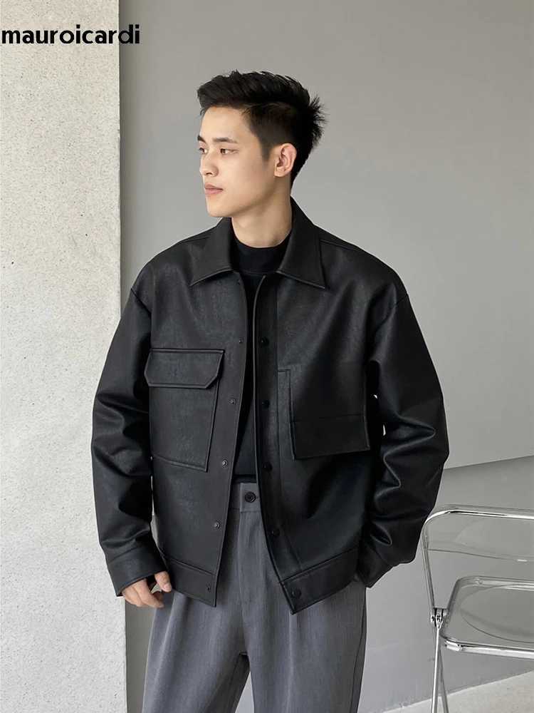 Mauroicardi Spring Autumn Cool Short Matte Black Pu Leather Jacket Men Turn-down Collar Pockets Loose Casual Korean Clothes 2024X240913