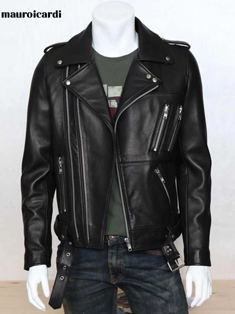 Mauroicardi Spring Autumn Cool Black Soft Faux Leather Jacket Men with Many Zippers Long Sleeve Belt Plus Size OuterwearX240913