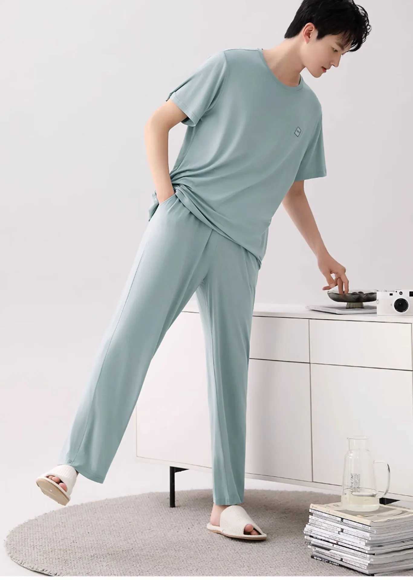 Mens Three-Piece Pajamas Summer Thin Modal Homewear Short-Sleeved Shorts Trousers Ice Silk Cool Feeling Pajamas Homewear Set Y240913