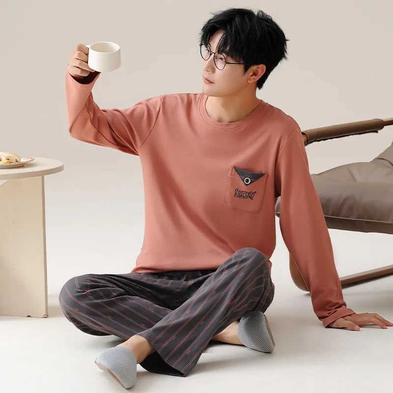 2024 Cotton Homewear for Man Autumn Long Sleepwear Big Size L-3XL Nightwear Korean Fashion Pullover Pajamas Set Young Boy Male Y240913