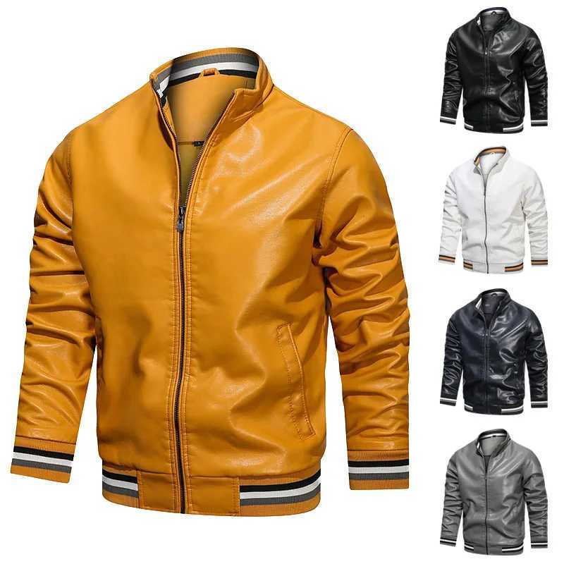 Mens Casual PU Leather Business Jacket Stand Collar Jacket Windproof Black White Sports Coat Autumn Winter WholesaleX240913