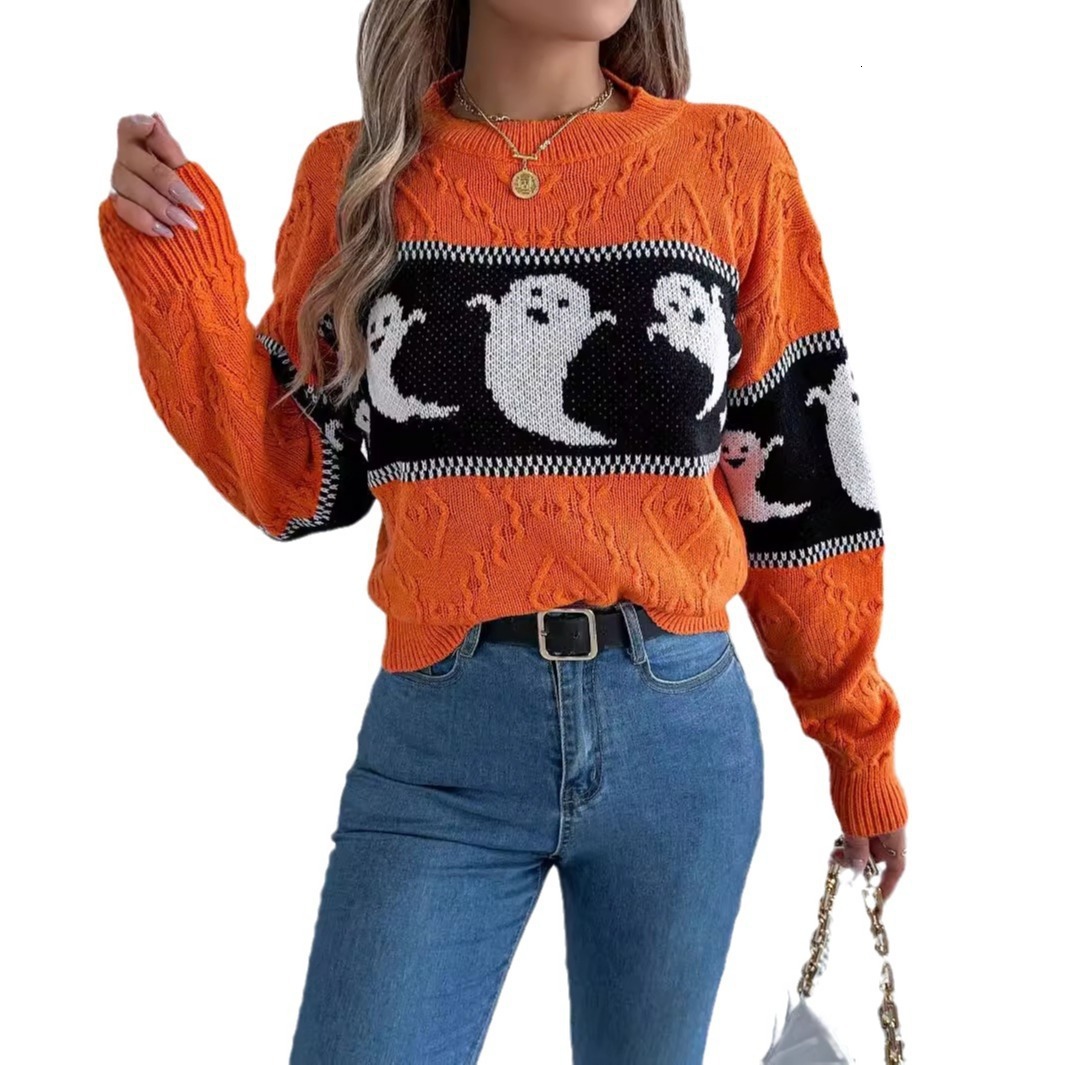 dongdumaoyi New autumn and winter women's Halloween themed ghost contrasting knitted sweater top with lazy style loose sweater for women F0913#58