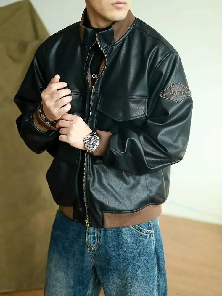 New Mens Leather Jacket American Retro Military Style Leather Jacket Bomber Jacket Fashion Versatile Temperament Fitted CoatX240913