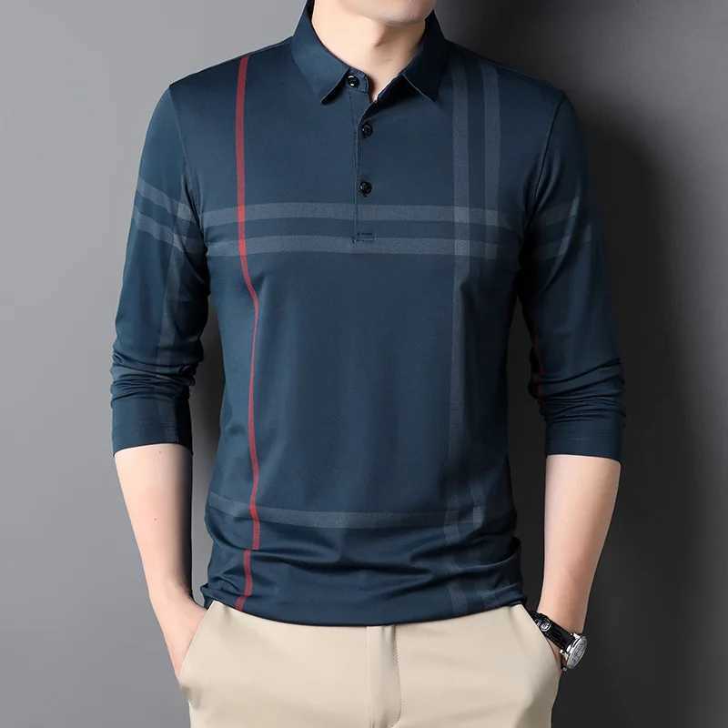 2023 Spring/Autumn Business and Leisure Slim Fit Polo Shirt Mens Korean Fashion Striped Collar Button Long Sleeve T-shirt Ropa Hombre W240913