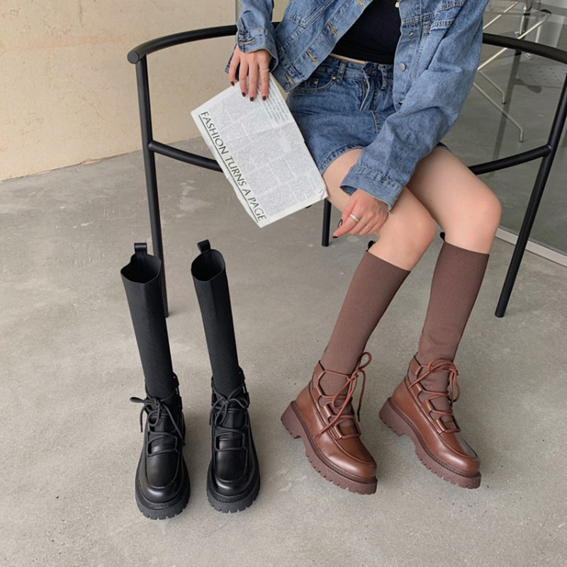Knitted Stretch sock boots women lace-up long tube riding botas thicken soled stovepipe botte femme slim knee-high botines 2021