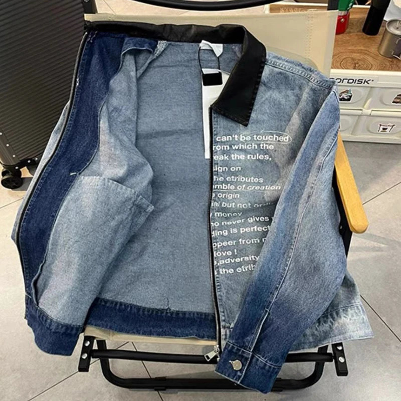 Mens Clothing Vintage Letter Zipper Denim Jacket Mens Spring And Fall Lapel Washed Biker Jacket Outerwears Coats Y2k 240913