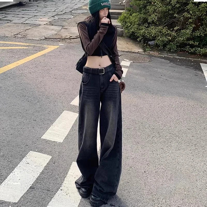 Black Jeans woman korean style trousers pants wide leg streetwear women baggy high waisted jeans