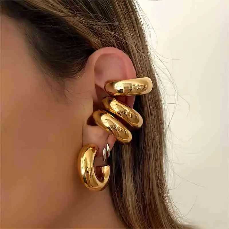 Extra Large Earclips Chunky Smooth Stainless Steel Clip Earrings for Women Gold Plated Oversize Circle Ear Cuffs Without PiercedX240913