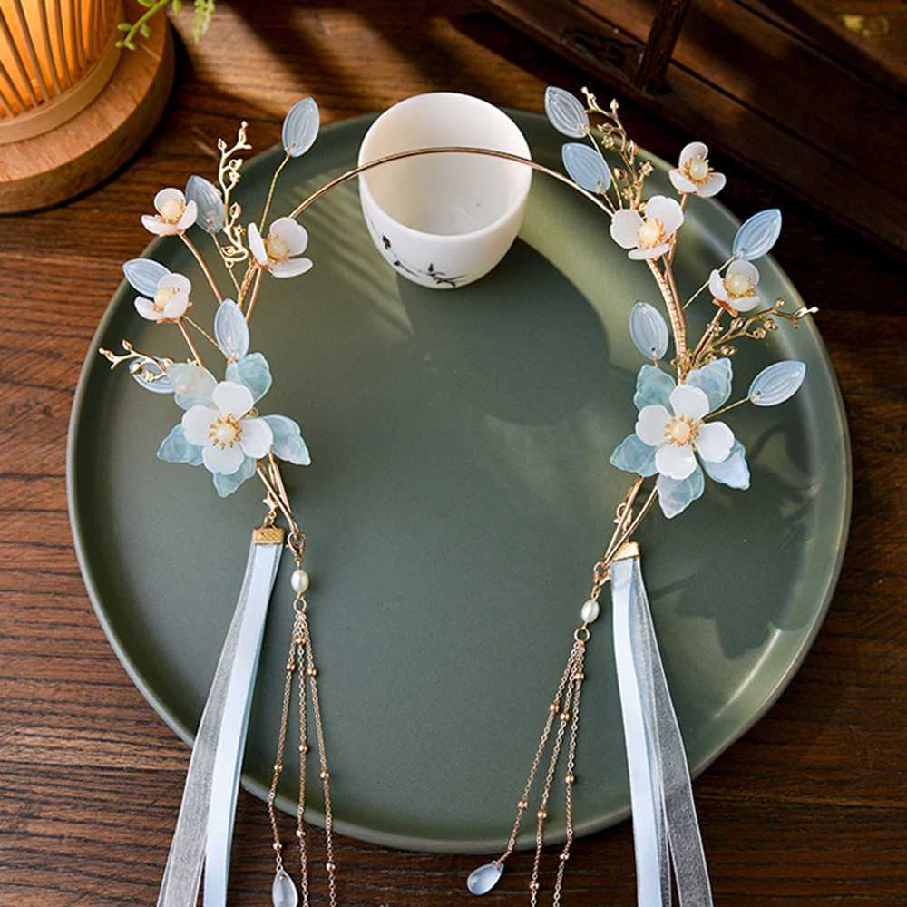 Blue Floral Hairband Chinese Wedding Hair Accessories Long Tassel With Ribbon Hair Hoop Fairy Hanfu Headbands Prom Hair JewelryX240913