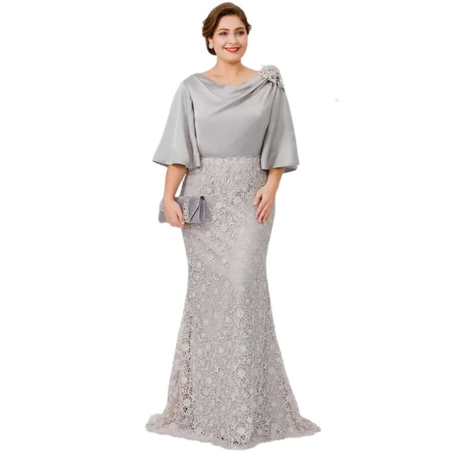 Silk Elegant Long Satin Memaid Mothe Of The Bide Desses Half Sleeves Sie Lace O Length Fomal Evening Gowns Chic Wedding Guest Dess Goom Mom Pom