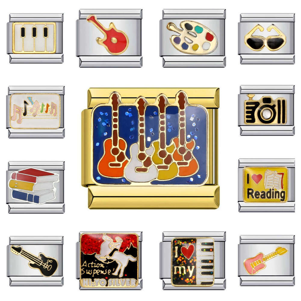 Music Hobby Series Stainless Bead Titanium Steel Welded Pattern DIY Bracelet Italian Charm Links Fit 9Mm Bracelet Jewelry DIY Making Gifts