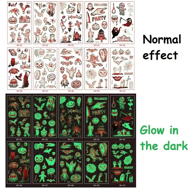 10PcsSet ChildrenS Halloween Tattoo Cartoon Night Glow Stickers ChrismasParty Activities Holiday Gatherings Temporary Stickers 240910