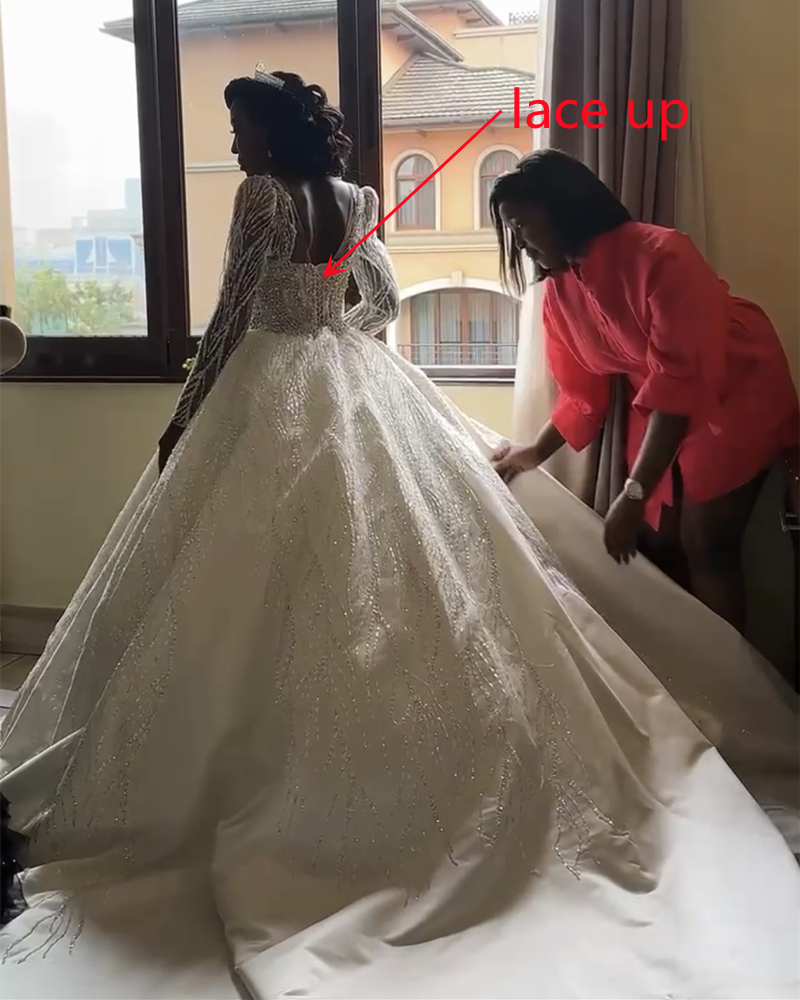 Rhinestones Beaded Luxurious Ball Gown Wedding Dresses Long Sleeves Cathedral Length Glitter Crystals Sequins Wedding Gown Arabic Dubai Bride Dress 20