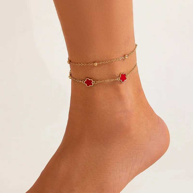 Fashionable clover flower beach anklet bracelet jewelry summer leg layered anklet 2024 new black and white green color W240913