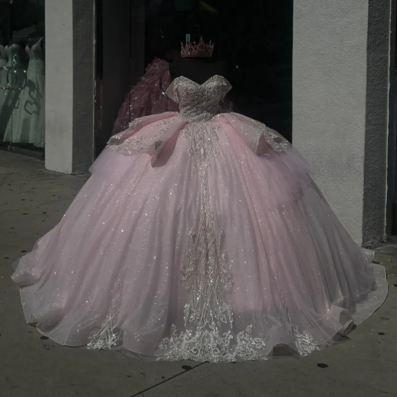 Pink Shiny Quinceanera Dresses Ball Gown Off The Shoulder Applique Beading Crystals Tull Corset Sweet 16 Dress Vestido De 15 Anos
