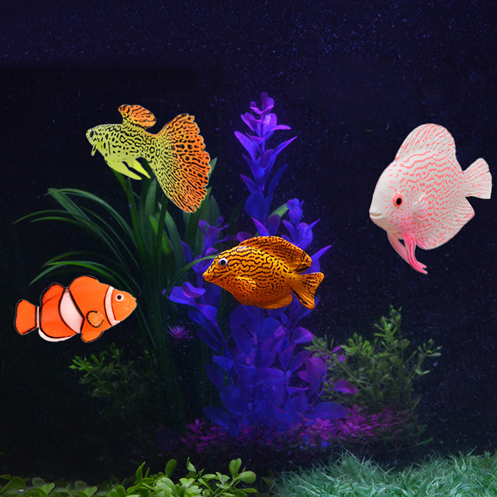 Artificial Silicone Fish Tank Ornament, Aquarium Decoration Accessory, Luminous, Fake Fish, Landscape, 4Pcs