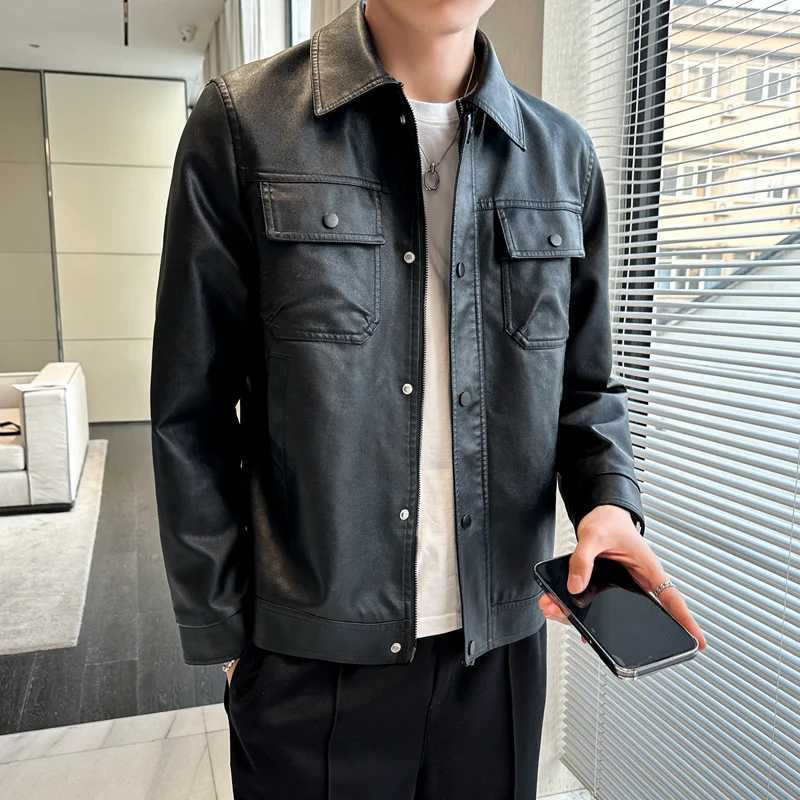 Mens Leather Clothing Spring Autumn New Solid Color Chest Mouth Design Trend High Street Lapel Coat Men Fashion Leather JacketX240913