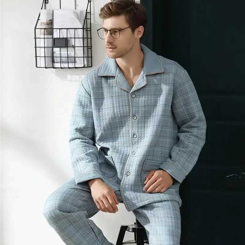 Fall Winter Thicken Mens Pajama Sets Simple Warm Sleepwear Cotton Top Pant Leisure Outwear Soft Plus Size Loungewear 2024 Y240913
