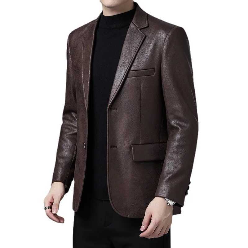 2021 New Men Leather Jackets 2 Button Formal Dress Suits Fashion Man Blazers Black Brown Solid Motorcycle Coat Suede Jacket MaleX240913
