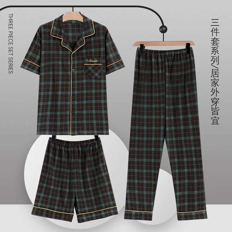 Cardigan Plaid Tops+Shorts+Long Pants 3 Piece Set Men Pajamas Sets Soft Cotton Nightwear Summer Pyjamas Male Sleepwear Pijamas Y240913