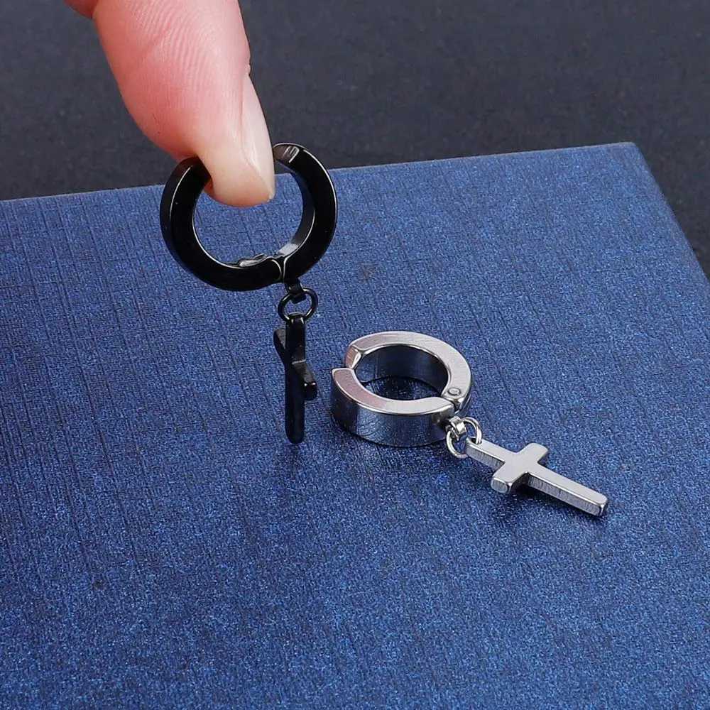 1 Pairs Stainless Steel Clip on Non-Piercing Cross Huggie Hoop Earrings Set for Men Fake Drop Dangle Hinged Earrings with CrossX240913