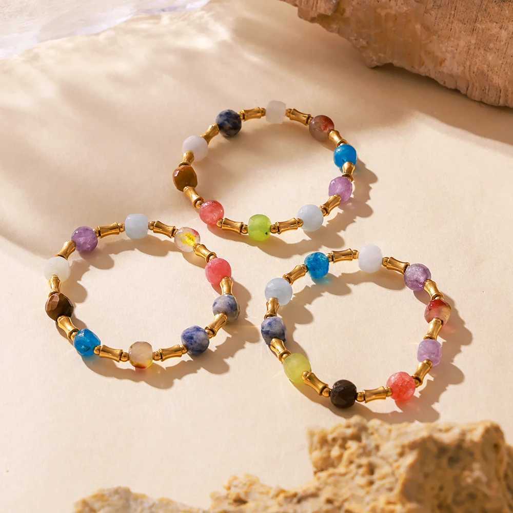 Bohemian Natural Stone Chain Bead Bracelet Womens Stainless Steel Bamboo Joint Womens Chain Bracelet Wedding Jewelry W240913