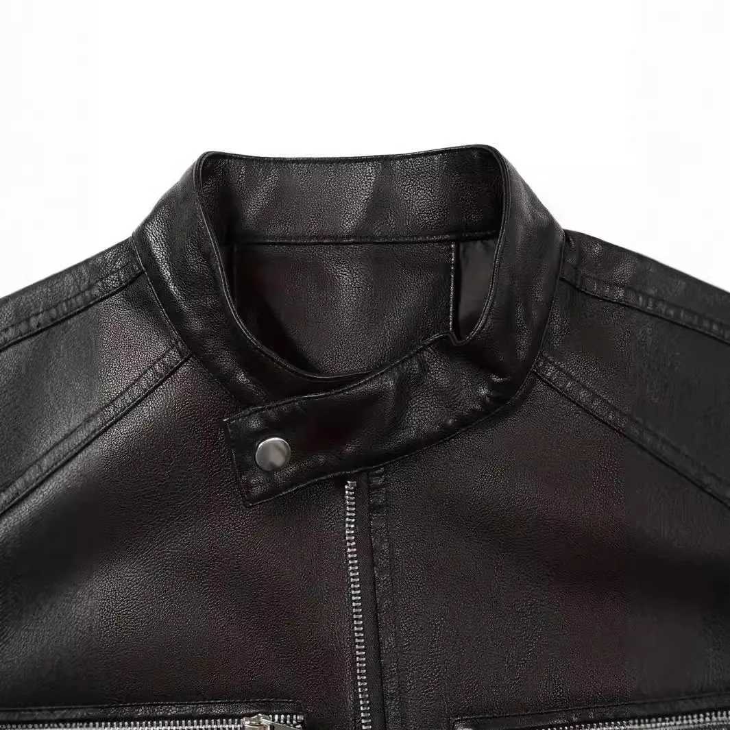 Motorcycle leather jacket mens multi pocket zipper stand collar slim fit spring and autumn high-quality mens leather jacketX240913