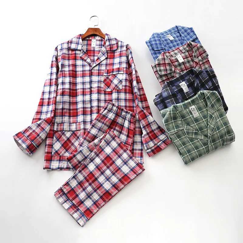 Spring Autumn Men Casual Plaid Pajama Sets Male 100% Cotton Flannel Sleepwear Suit Men Long Sleeve Turn-down Collar Home Clothes Y240913