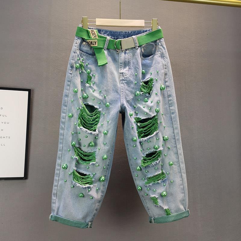 Color Beading Denim Harem Pants Women Summer Green Pearl High Waist Loose Oversized Fashion Trend All-matched Hole Jeans