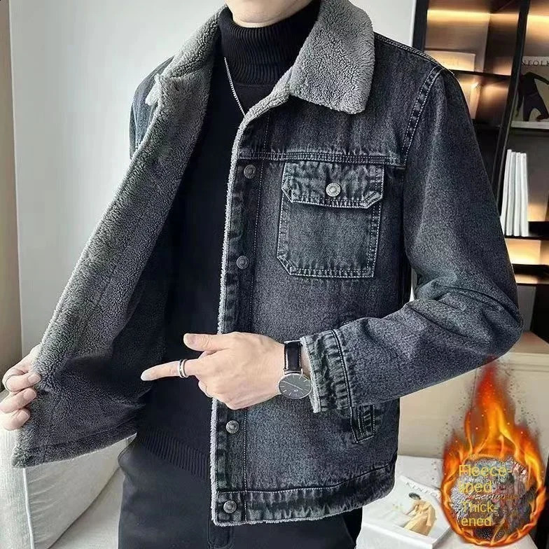 Winter Mens Denim Coat Plush Thickened Lamb Fleece Collar Casual Jacket Large n Feel Loose Men 240905