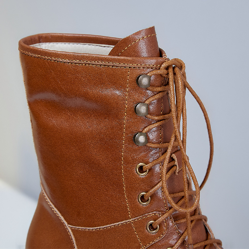 genuine Women's leather chunky heel platform autumn ankle round toe lace-up motorcycle punk martin short boots shoes efe1