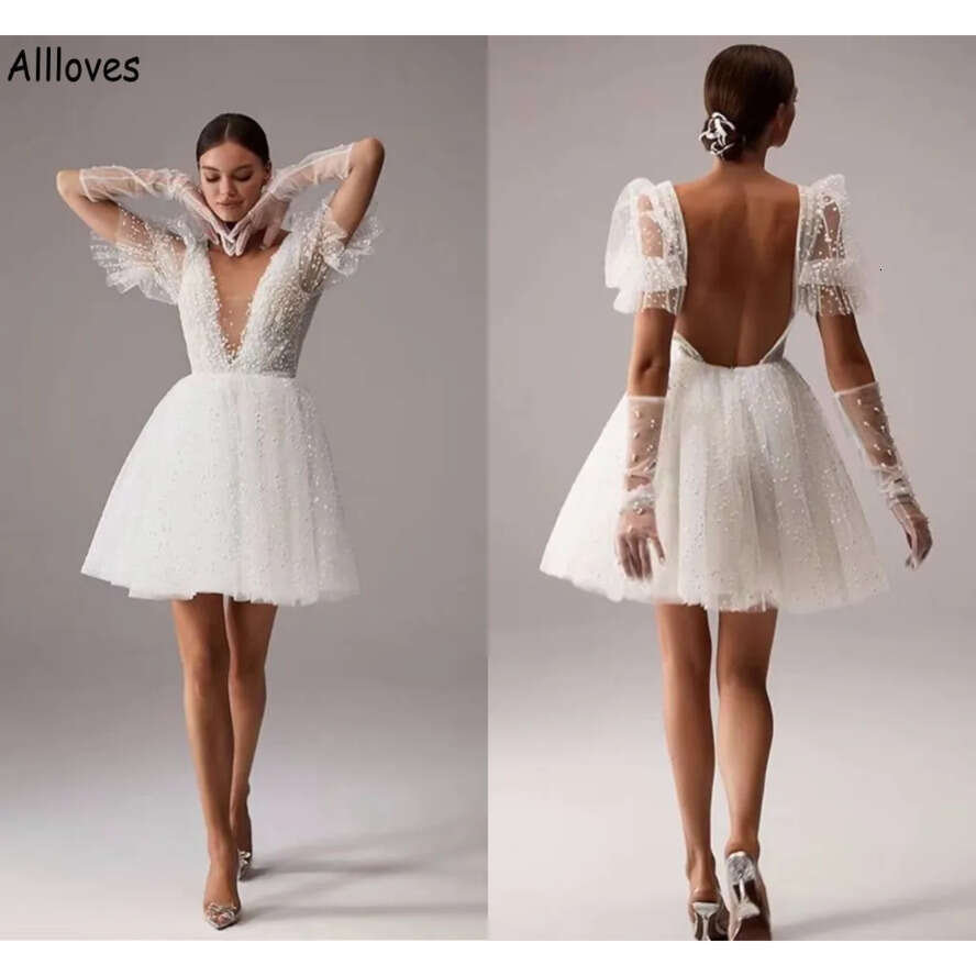 Neck Mini Plunging V A E Wedding Dresses Tulle Pearls Beaded Boho Beach Bridal Gowns With Puffy Short Sleeves Sexy Open Back White Reception Dress For
