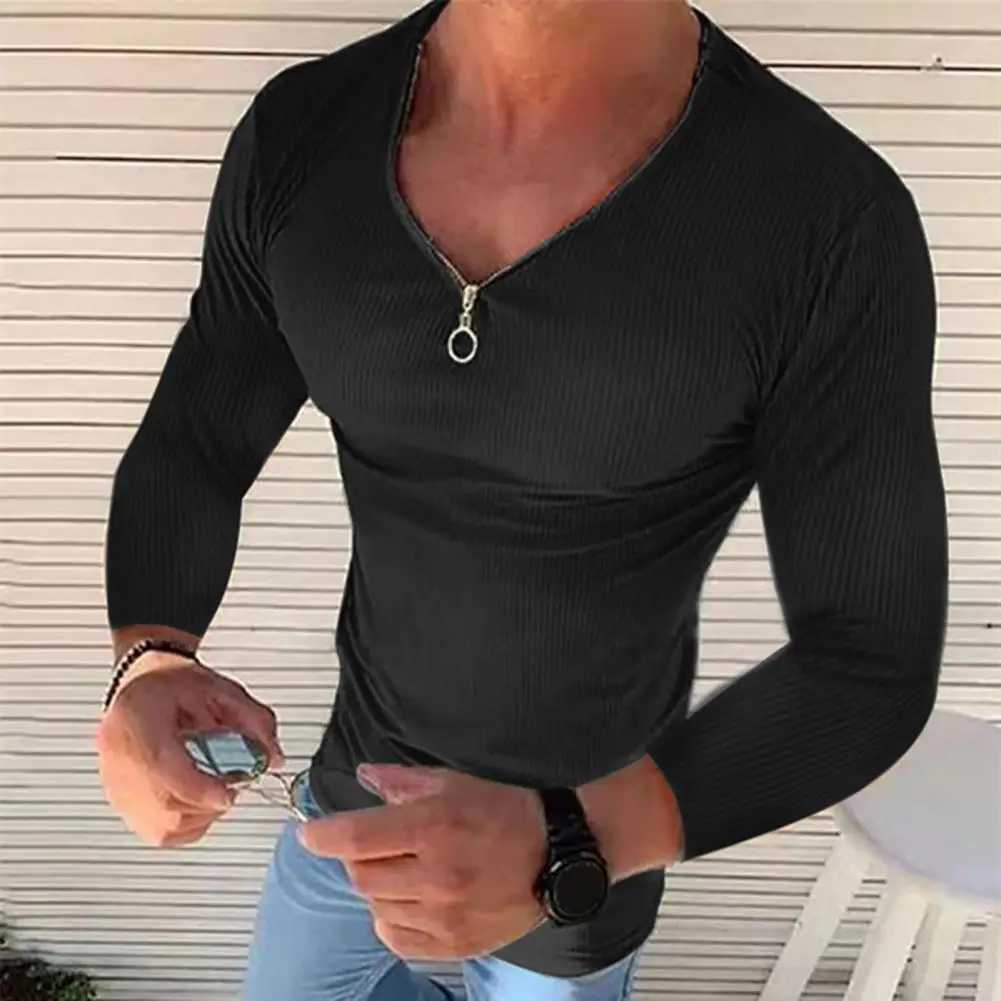 Mens solid color long sleeved V-neck satin elastic street clothing spring and autumn slim fit zipper T-shirt top-level mens clothing W240913