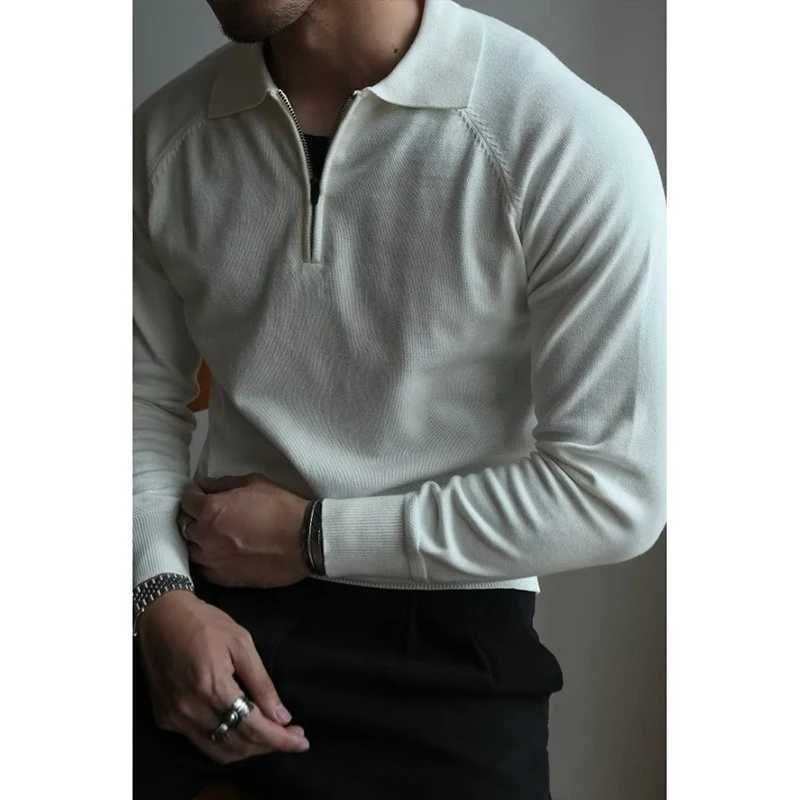 Autumn clothing mens luxury knitted polo shirt casual fashion zipper solid color long sleeved zipper casual shirt W240913