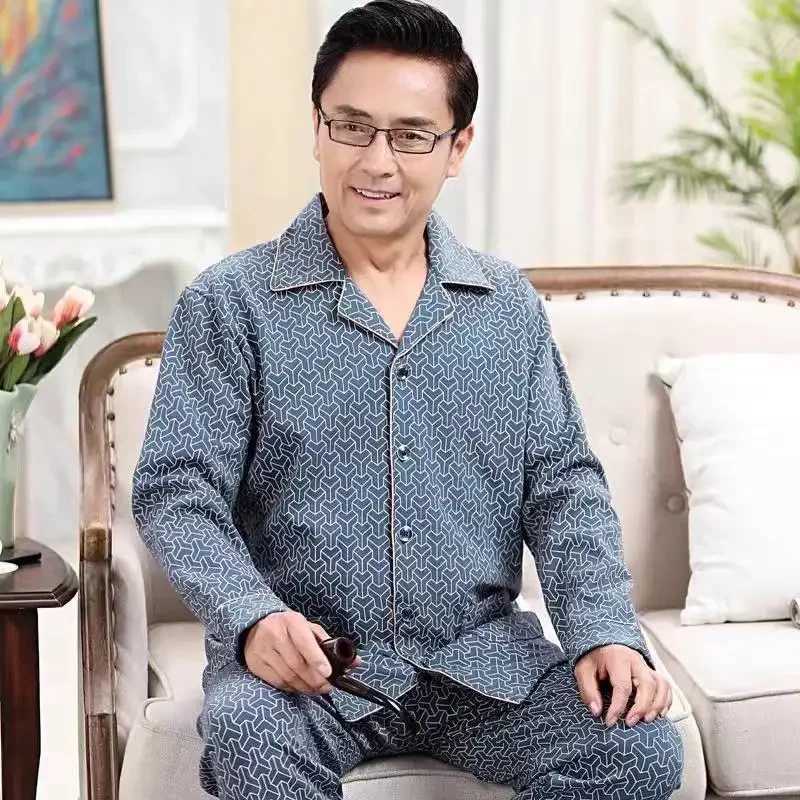 Mens 100% Cotton Long Sleeve Pajama Set Autumn Winter Thin Style Cardigan For Middle-aged Dads Homewear Suit Y240913