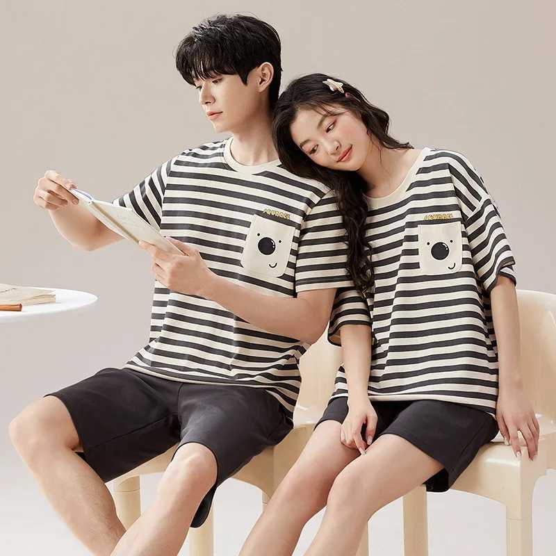 Cartoon Cute Summer Cotton Pajamas Set for Couples Women and Men Matching Sleepwear Short Sleeves Sleeping Top Shorts Pijamas Y240913