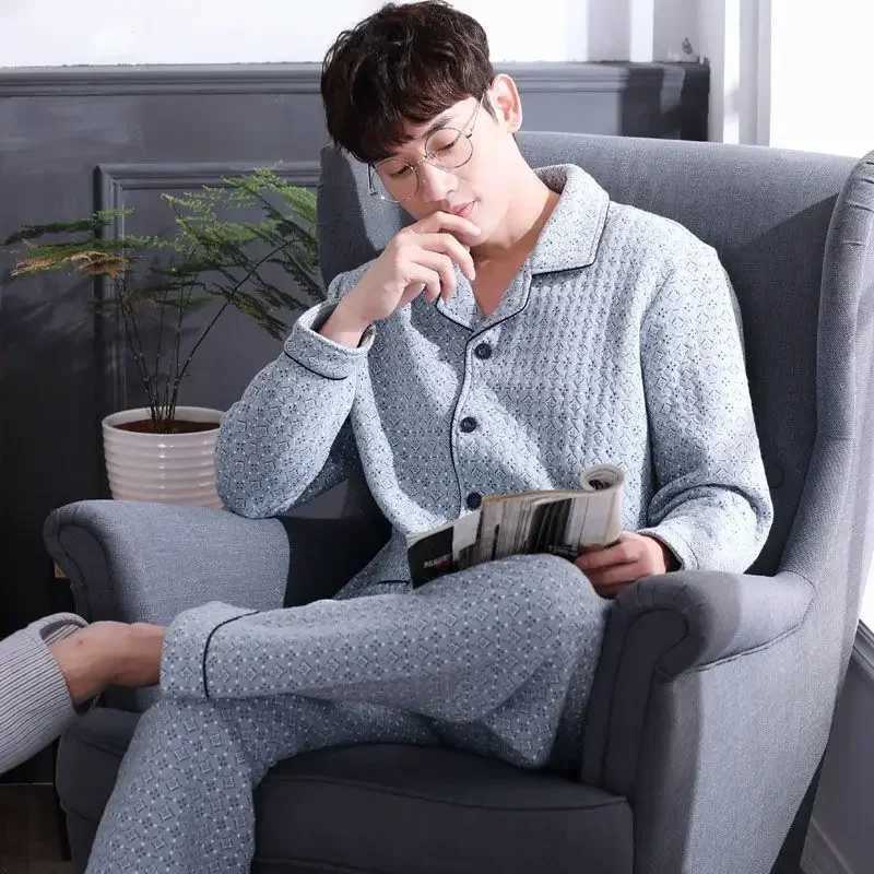 Fall Winter Thicken Mens Pajama Sets Simple Warm Sleepwear Cotton Top Pant Leisure Outwear Soft Plus Size Loungewear 2024 Y240913