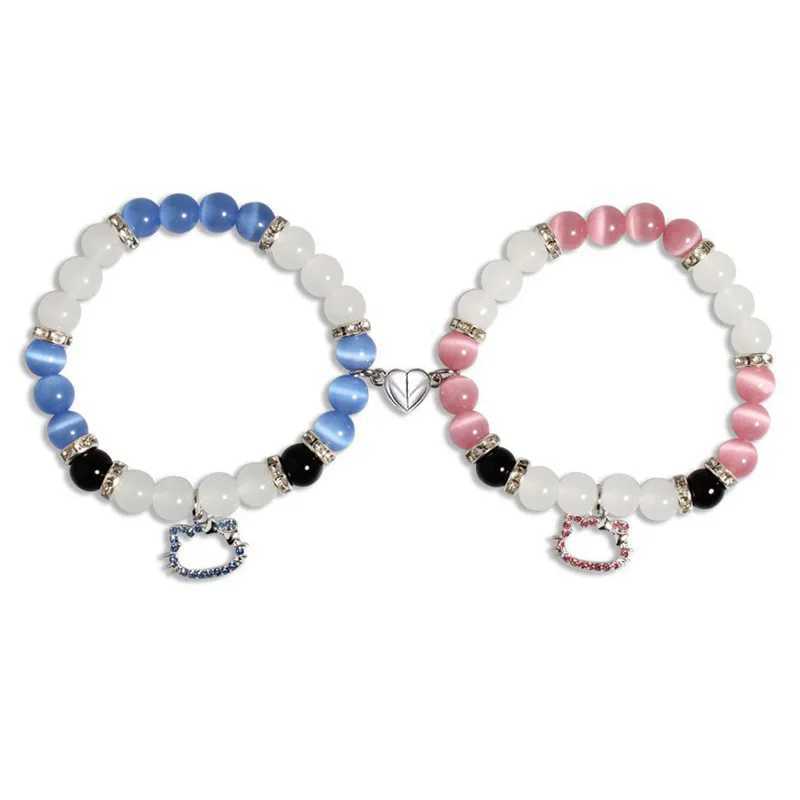 2PCS Halloween Spider Cat Bat Couple Bracelet Mens Heart Magnetic Matching Bracelet Stone Crystal Bead Bracelet Jewelry W240913
