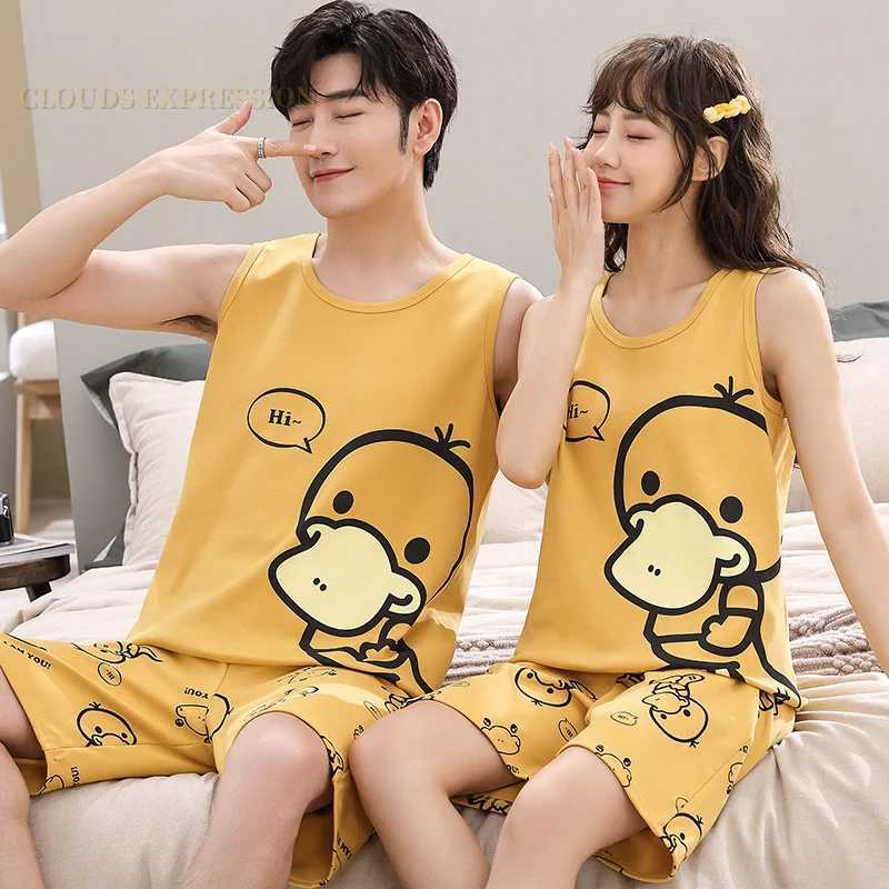 Summer Knitted Cotton Cartoon Duck Mens Pajama Sets Mens Sleep Lounge Sleeveless Shorts Pants Couple Pajamas Fashion Homewear Y240913