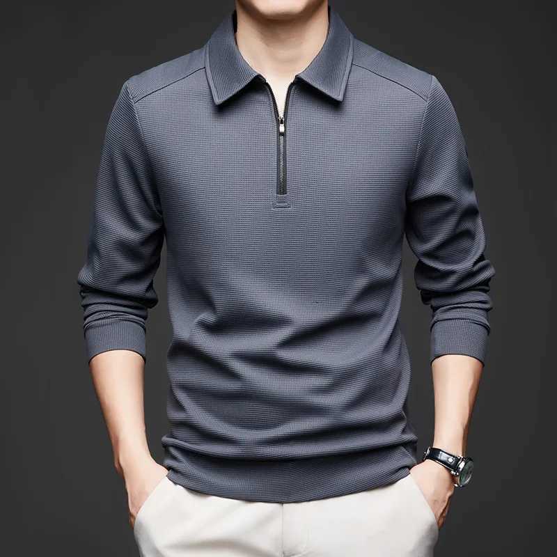 Mens Knitted Polo Shirt Long Sleeve Quarter Zipper Polo Quick Drying Business T-shirt Casual Mens Office Blue W240913