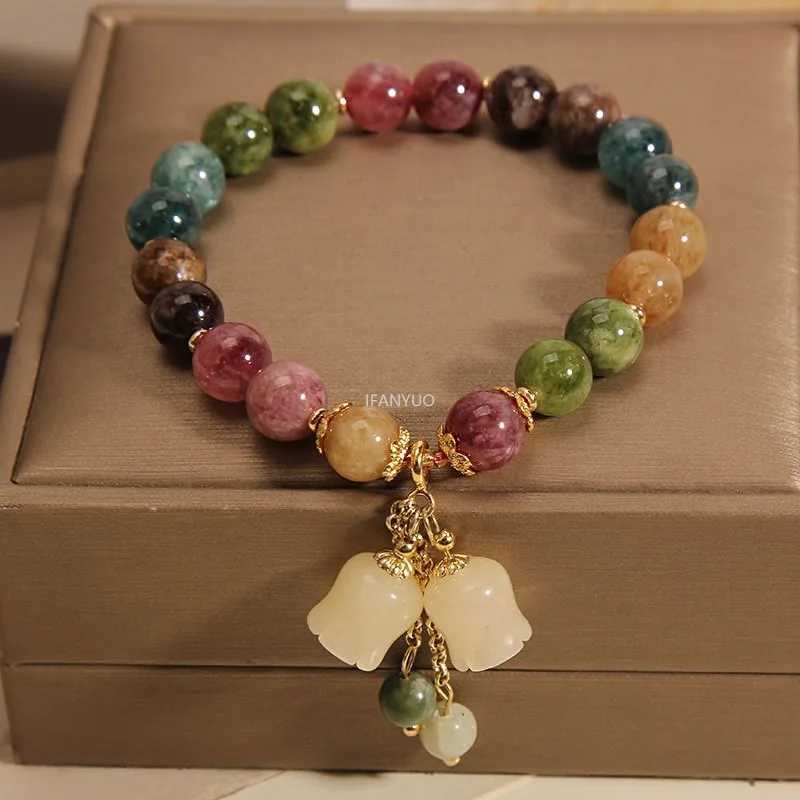 Fashionable natural colored tourmaline crystal bracelet for women lightweight luxury orchid pendant bead bracelet birthday party jewelry W240913
