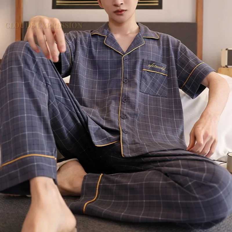 Summer Knitted Plaid Cool Mens Pyjamas Plus 5XL Pajama Sets Casual Pjs Lounge Masculine Sleepwear Nightwear Pijamas Homewear Y240913