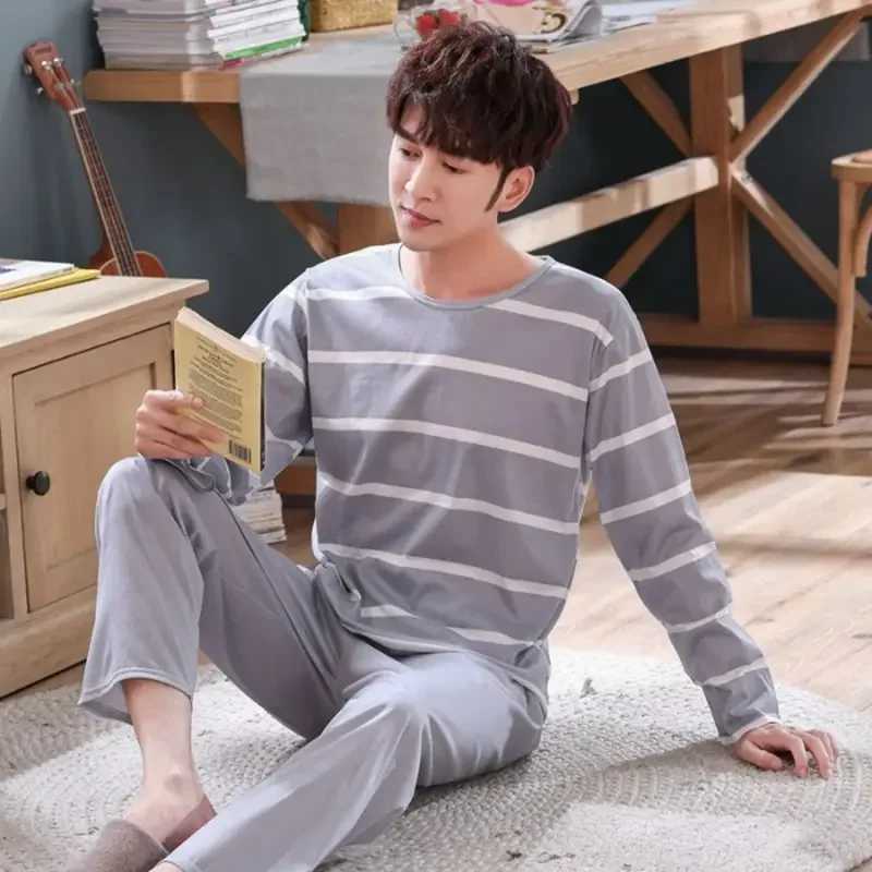 Mens Round Neck Homewear Long Sleeved Pants Set Can Be Worn Externally Leisure Stripe Style Spring And Autumn Pajama Set Y240913